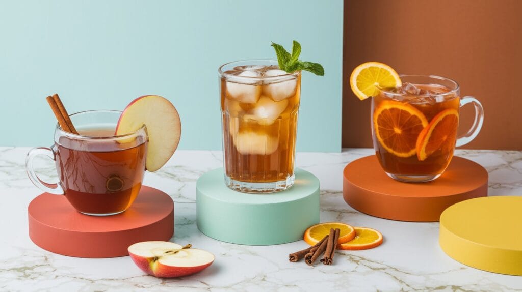 Three variations of apple cinnamon tea: hot, iced, and spiced with holiday flavors.