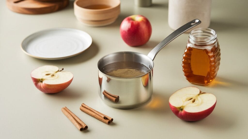 Ingredients for making apple cinnamon tea, including apples, cinnamon, and honey on a kitchen countertop