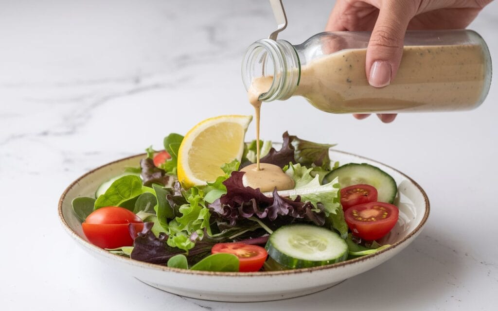 Fresh salad with low FODMAP dressing being drizzled over it.