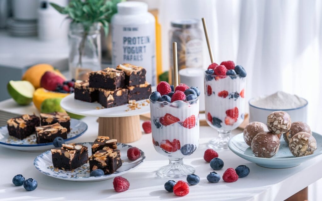 A variety of high-protein desserts including brownies, yogurt parfaits, and energy balls on a bright kitchen table.