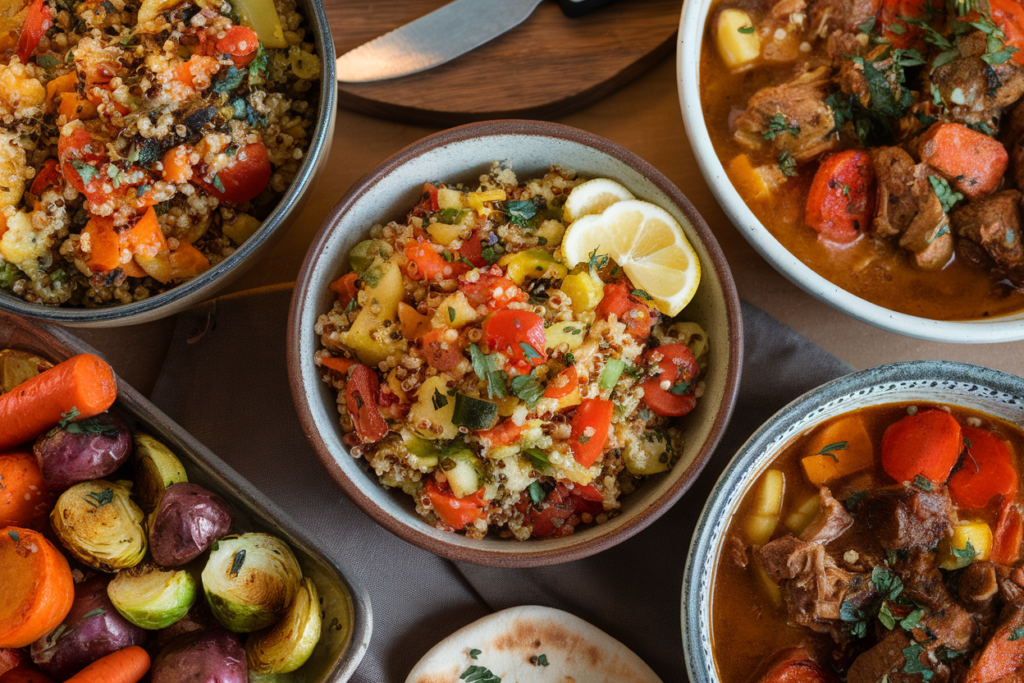 Gluten-free dinner spread with quinoa salad, roasted vegetables, and stew in a cozy setting.