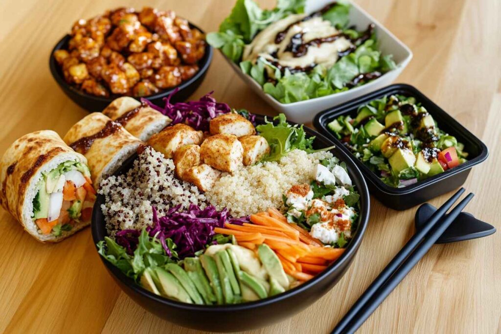 A Beautiful Low Fodmap Lunch Spread Featuring Salads, Quinoa Bowls, And Wraps On A Wooden Table