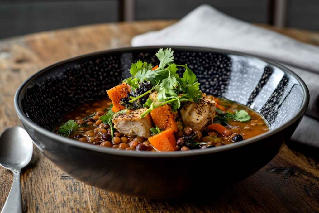 A Bowl Of High Protein Soup With Chicken, Lentils, And Vegetables, Garnished With Parsley On A Wooden Table