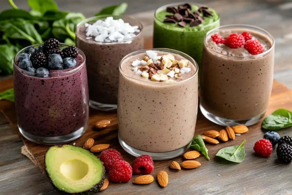 A Colorful Display Of Keto Smoothies, Including Avocado, Berry, And Chocolate Peanut Butter, Surrounded By Fresh Ingredients On A Wooden Table