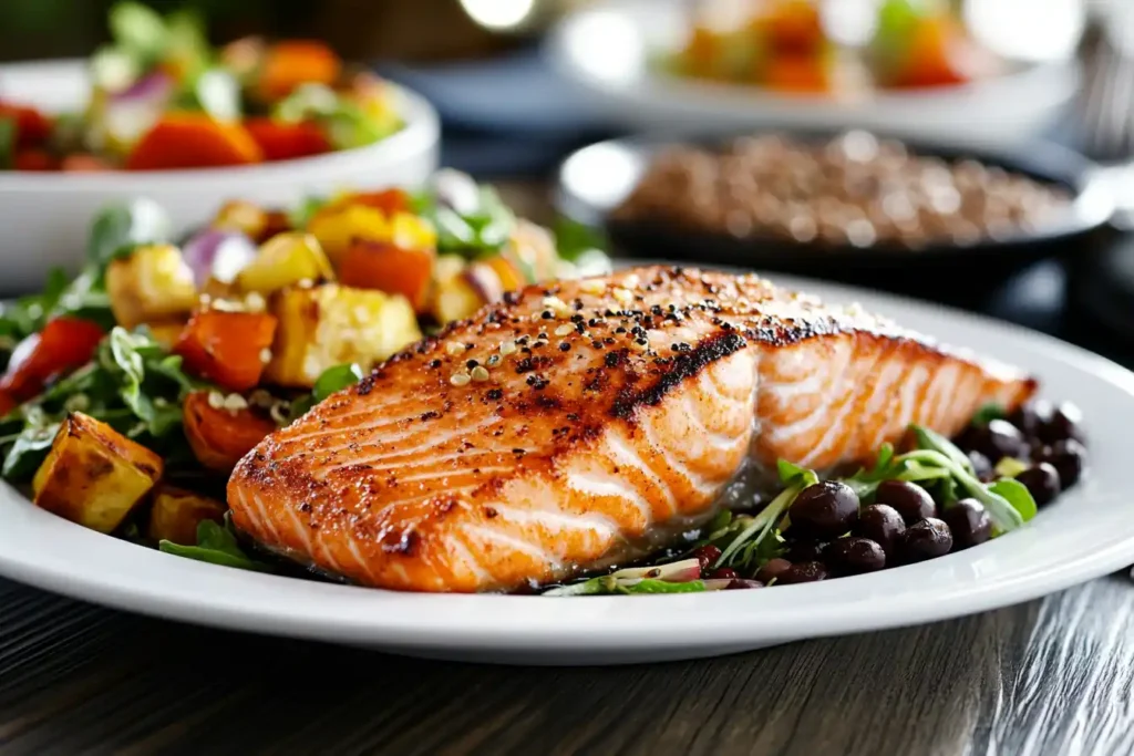 A Modern Dinner Table Featuring High Protein Meals Like Salmon, Quinoa Salad, Roasted Vegetables, And Black Bean Chili