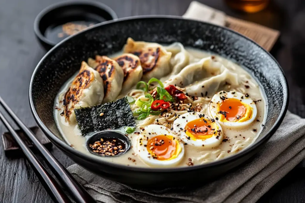 A Serving Of Creamy Ramen With Eggs And Chili Oil, Accompanied By Gyoza And Soy Sauce, Presented On A Modern Dining Setup