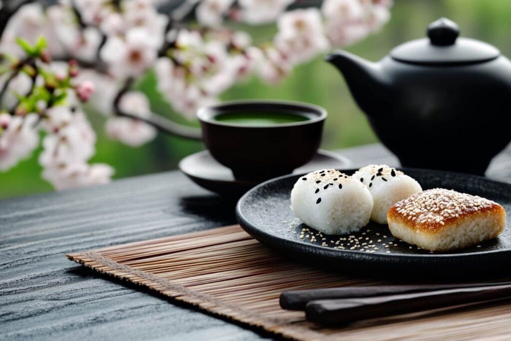 A beautifully arranged Japanese table setting featuring traditional rice cakes (mochi, dango, and senbei) on elegant plates with cherry blossoms, green tea, and minimalist Japanese decor in the background