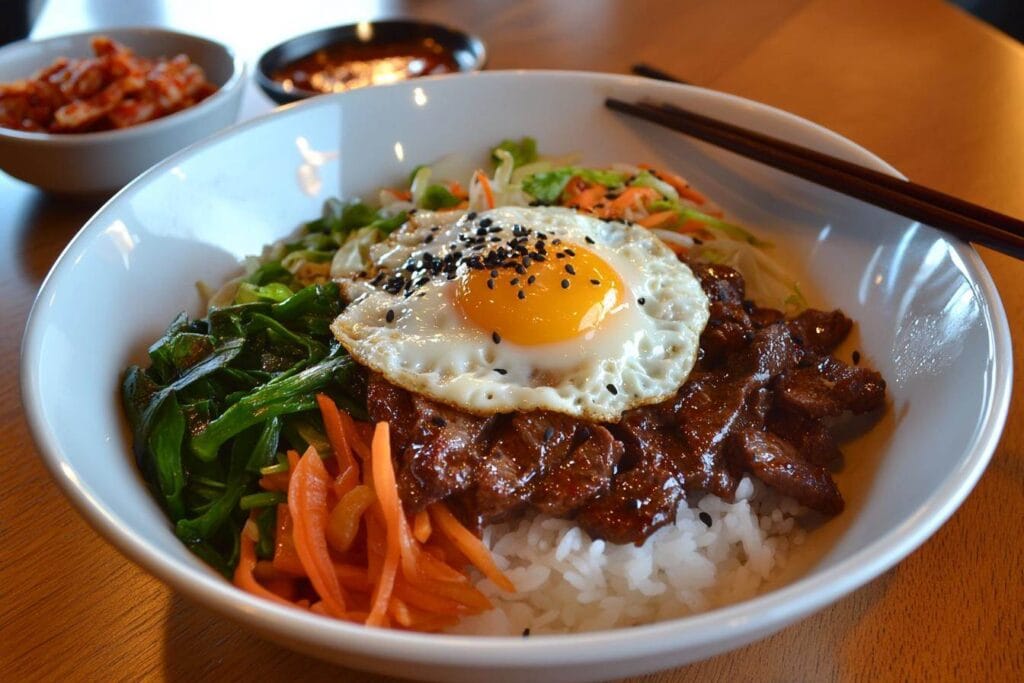 A beautifully plated Bibimbap bowl placed on a wooden table