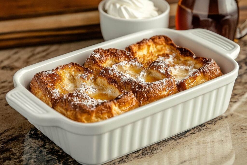 A freshly baked brioche French toast casserole in a white ceramic dish, golden crust on top, served with a small bowl of whipped cream and a jug of maple syrup, set on a modern kitchen counter with elegant decor.