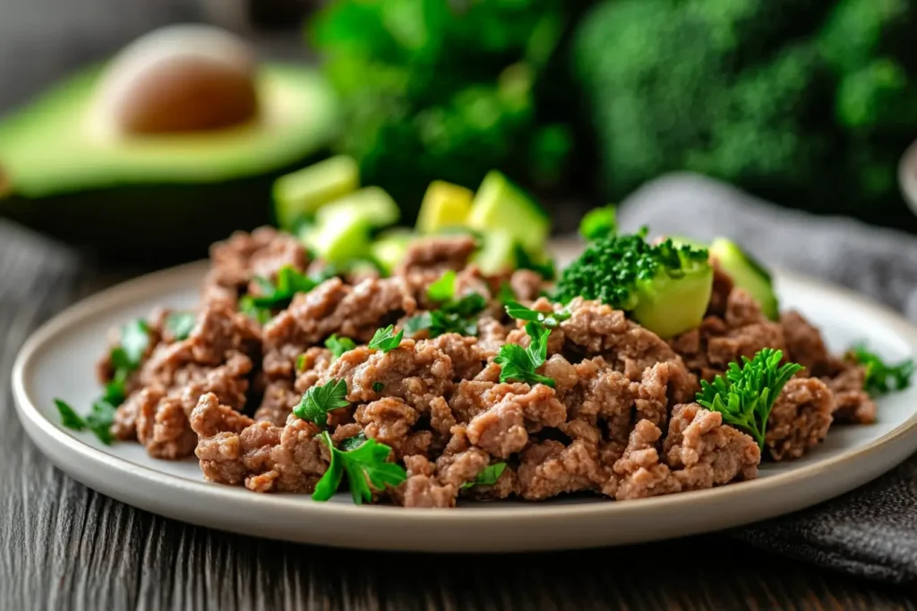 Cooked minced beef on a white plate with keto-friendly vegetables in the background.