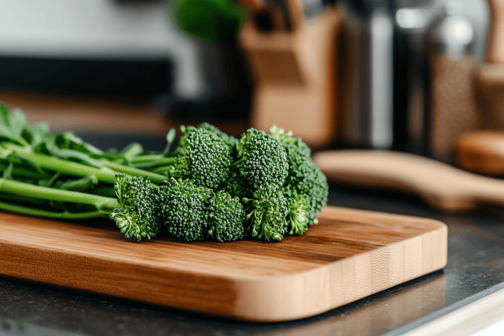 Fresh-Chinese-broccoli-on-a-cutting-board