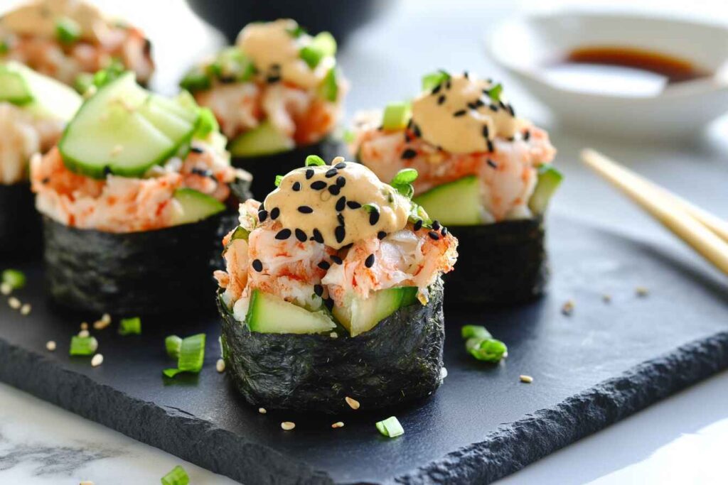 Platter Of Spicy Crab Sushi Rolls Garnished With Avocado And Spicy Mayo