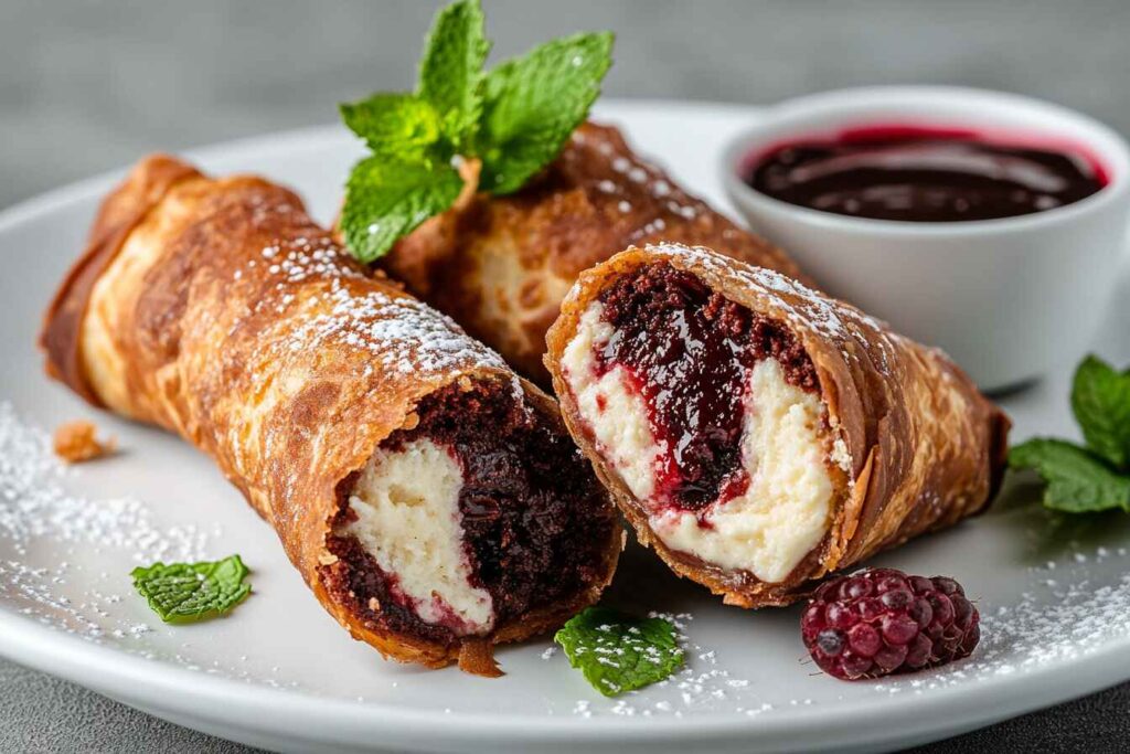 Red Velvet Cheesecake Egg Rolls Served With Chocolate Ganache And Raspberry Coulis Dipping Sauces