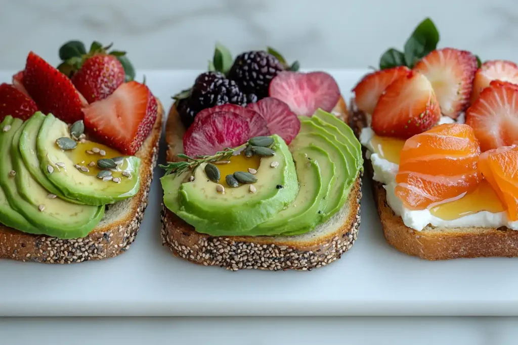 Three Avocado Toast Variations One With Greens And Seeds, One With Smoked Salmon, And One With Strawberries And Honey On A Clean, Minimal Plate
