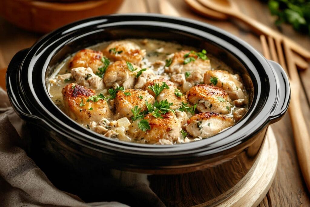 An ultra-natural, detailed image of crockpot chicken and dressing served in a modern ceramic crockpot. The dish is golden brown, garnished with fresh parsley, surrounded by rustic table elements like wooden utensils, a linen napkin