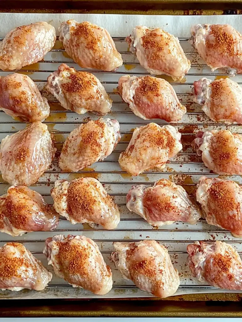 Raw Chicken Wings Seasoned With Spices, Arranged On A Wire Rack For Even Baking