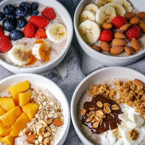 Vibrant Array Of Overnight Oats With Creative Toppings Like Berries, Chocolate, Tropical Fruits, And Nuts