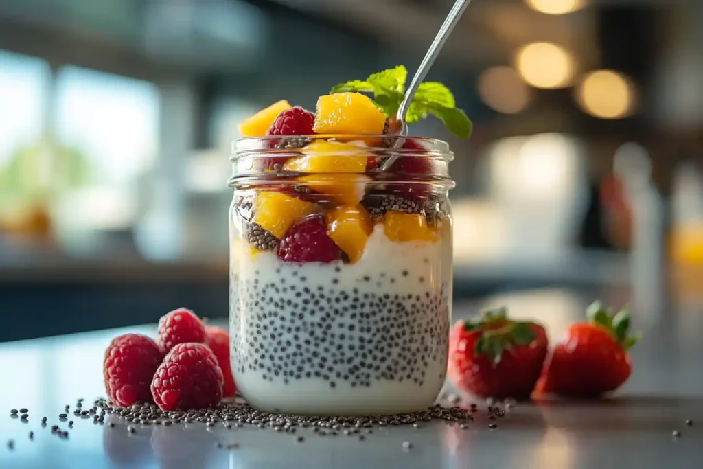 Chia Yogurt Parfait In A Glass Jar With Crunchy Granola, Sliced Strawberries, And Blueberries