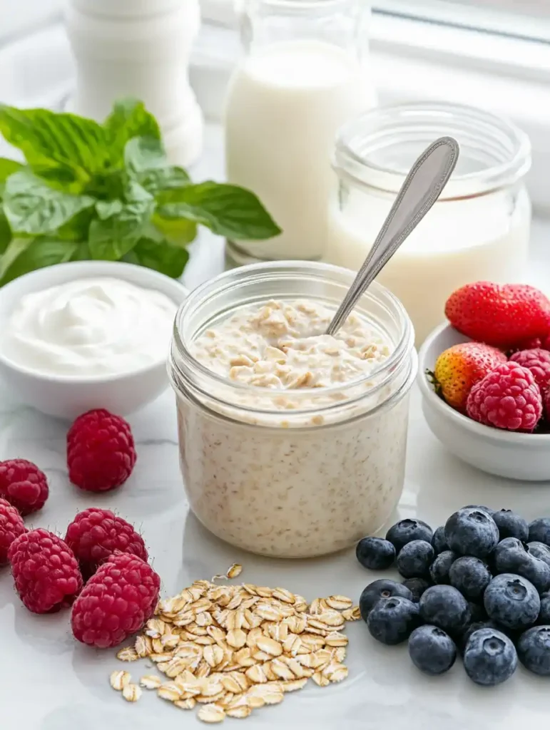 Preparation Of Overnight Oats With Ingredients Like Oats, Milk, Yogurt, And Fruits
