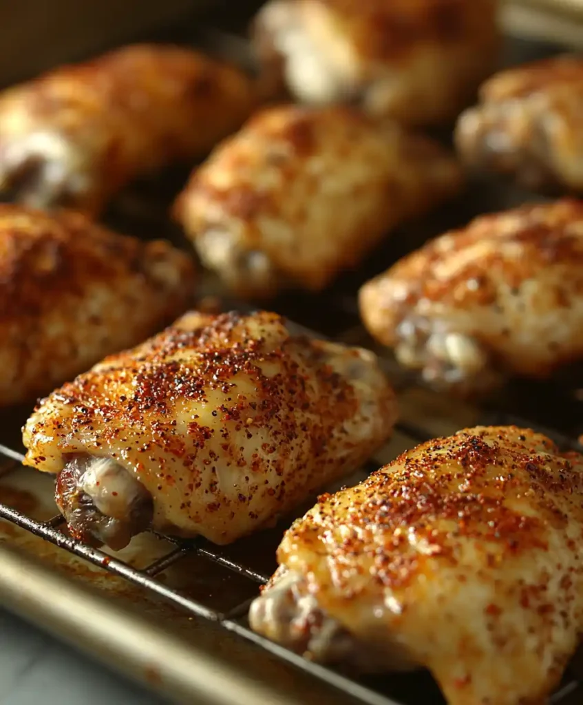 Rispy, Golden Brown Buffalo Wings Fresh Out Of The Oven, Glistening With Spicy Sauce On A Baking Sheet